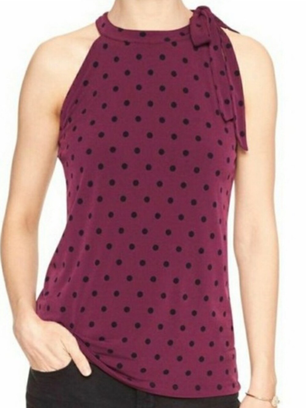 Banana Republic Polka Dot Tie Neck Halter Tank top Wine with Black Dots L